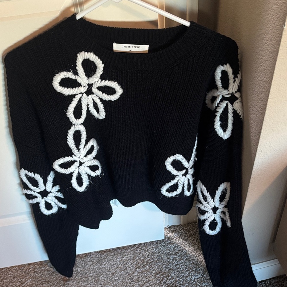 Commense Black Sweater with White Floral Design